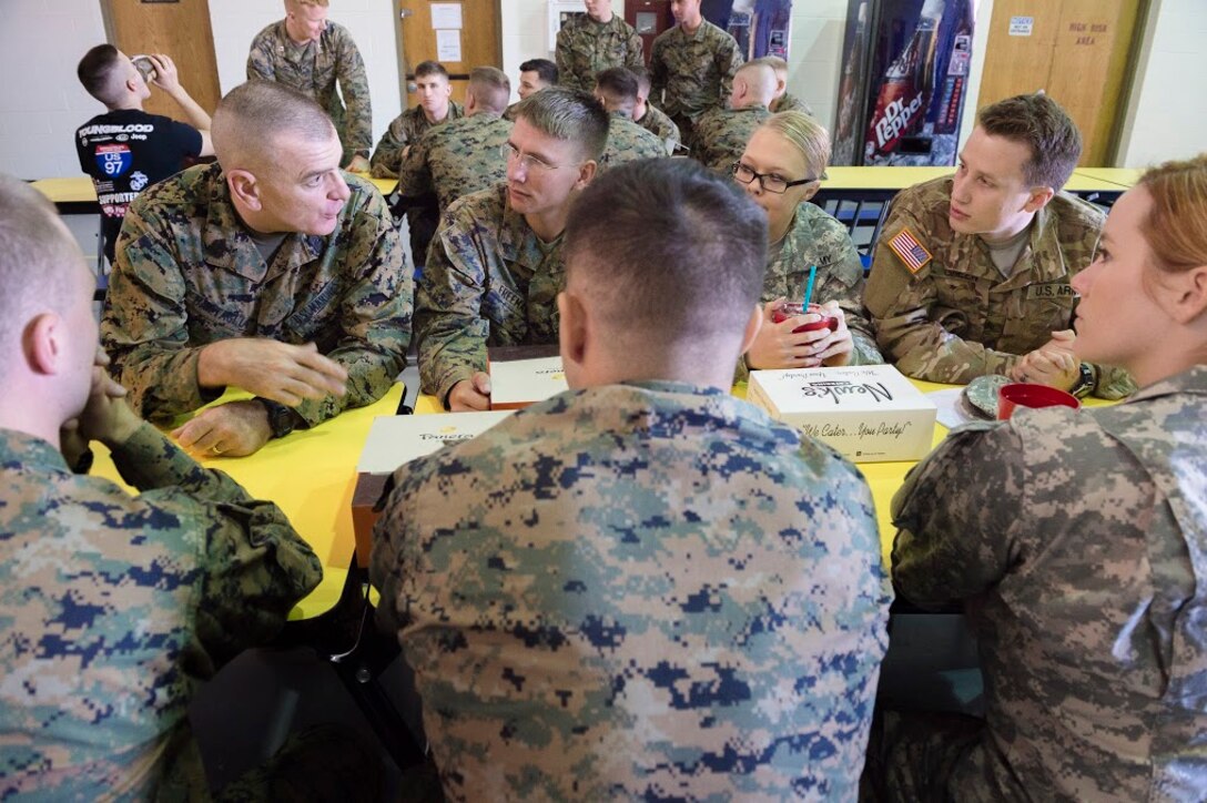 Marine Corps Sgt. Maj. Bryan Battaglia, senior enlisted advisor to the chairman of the Joint Chiefs of Staff, visits service members at the  Missouri Armed Forces Reserve Center in Springfield, Mo., Nov. 7, 2015. DoD photo by Army Staff Sgt. Sean K. Harp