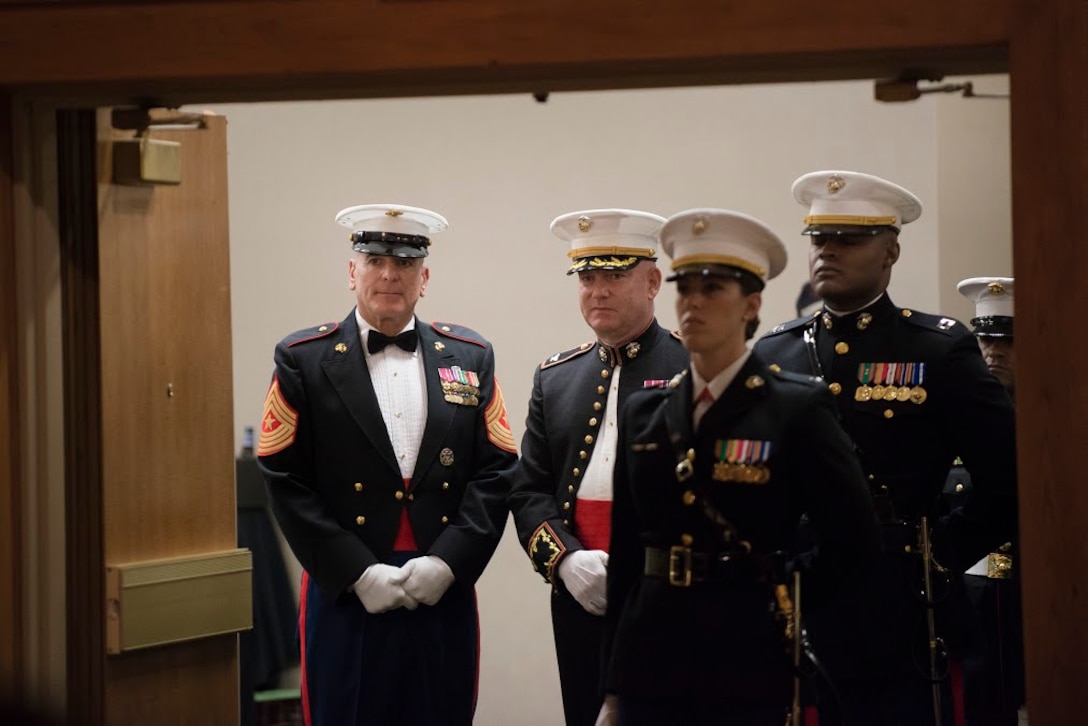 Marine Corps Sgt. Maj. Bryan B. Battaglia, senior enlisted advisor to the Chairman of the Joint Chiefs of Staff, waits to enter with the official party at the Marine Corps birthday ball hosted by Marine Corps Detachment Fort Leonard Wood, in Osage Township, Mo., Nov. 7, 2015. Battaglia delivered keynote remarks during the event. DoD Photo by Army Staff Sgt. Sean K. Harp