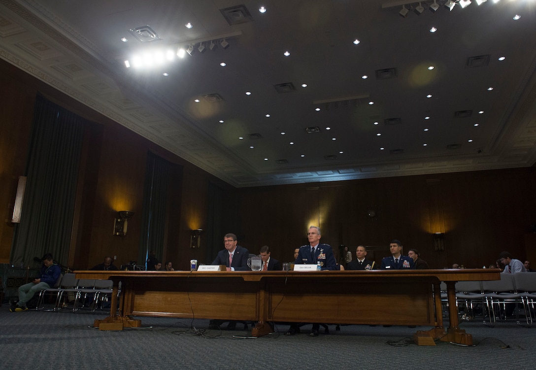 Defense Secretary Ash Carter and Air Force Gen. Paul J. Selva, the vice chairman of the Joint Chiefs of Staff, testify before the U.S. Senate Armed Services Committee on Capitol Hill in Washington, D.C., Dec. 9, 2015. DoD photo by U.S. Navy Petty Officer 1st Class Tim D. Godbee