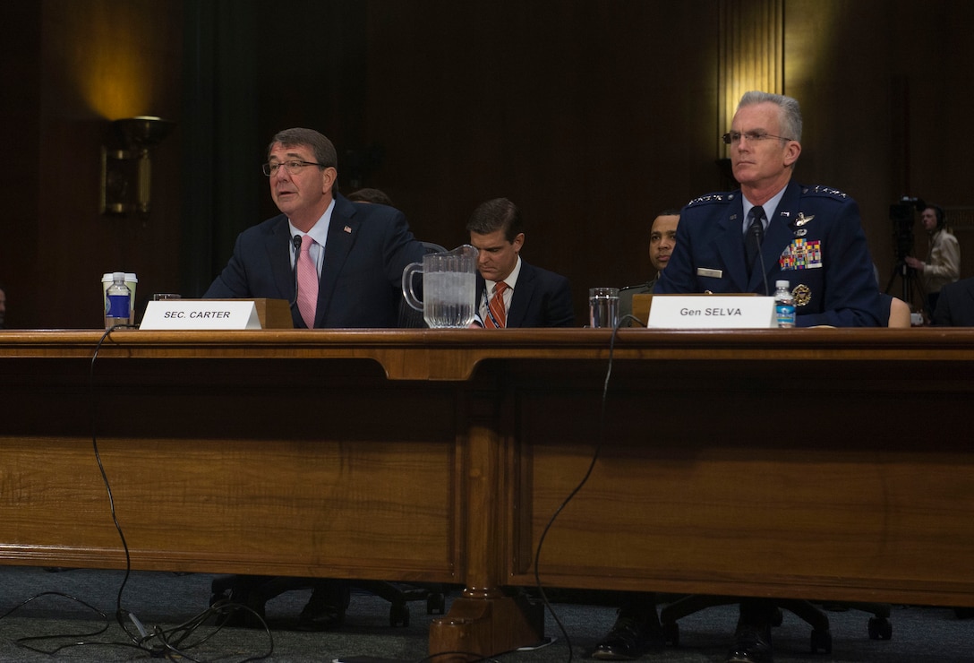 Defense Secretary Ash Carter, left, and Air Force Gen. Paul J. Selva, vice chairman of the Joint Chiefs of Staff, testify before the U.S. Senate Armed Services Committee on Capitol Hill, in Washington, D.C., Dec. 9, 2015. DoD photo by U.S. Navy Petty Officer 1st Class Tim D. Godbee