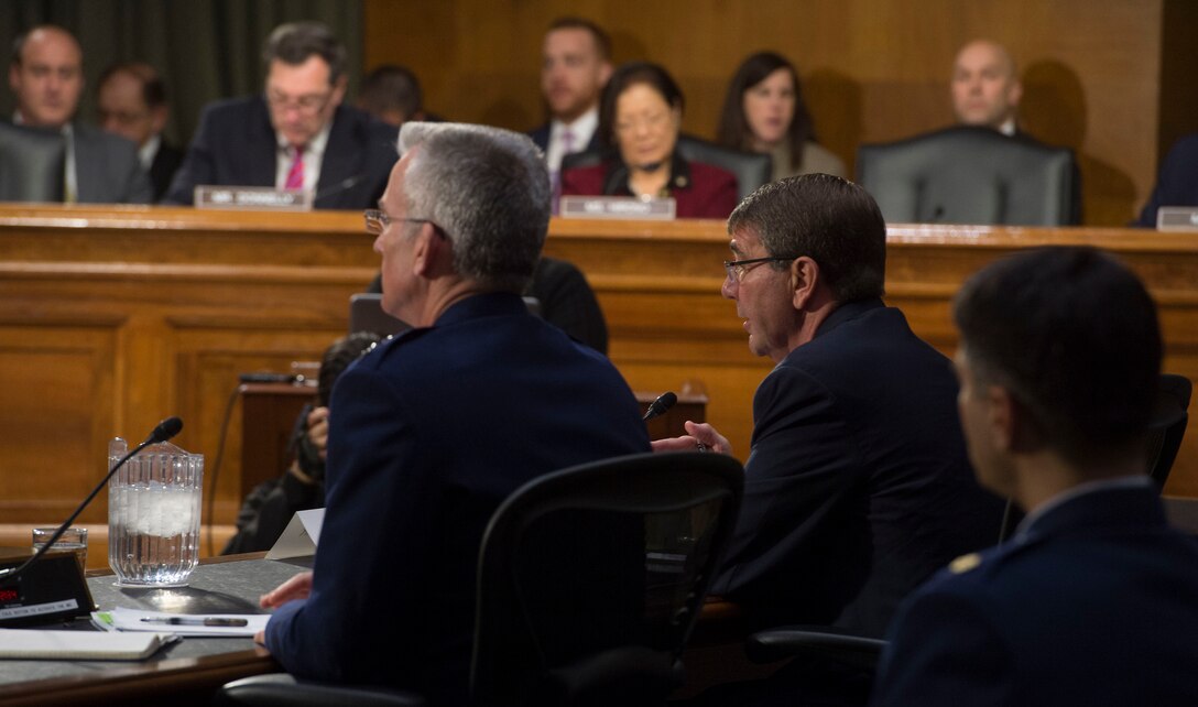 Defense Secretary Ash Carter testifies before the U.S. Senate Armed Services Committee on Capitol Hill, Dec. 9, 2015. He was joined at the hearing by Air Force Gen. Paul J. Selva, vice chairman of the Joint Chiefs of Staff. DoD photo by U.S. Navy Petty Officer 1st Class Tim D. Godbee