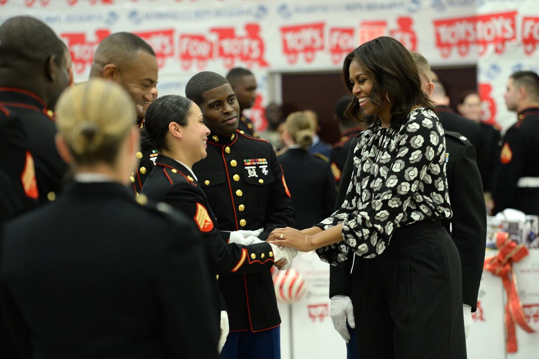 First Lady Michelle Obama greets Marines during a Toys for Tots event on Joint Base Anacosta-Bolling in Washington, D.C., Dec. 9, 2015. DoD photo by EJ Hersom