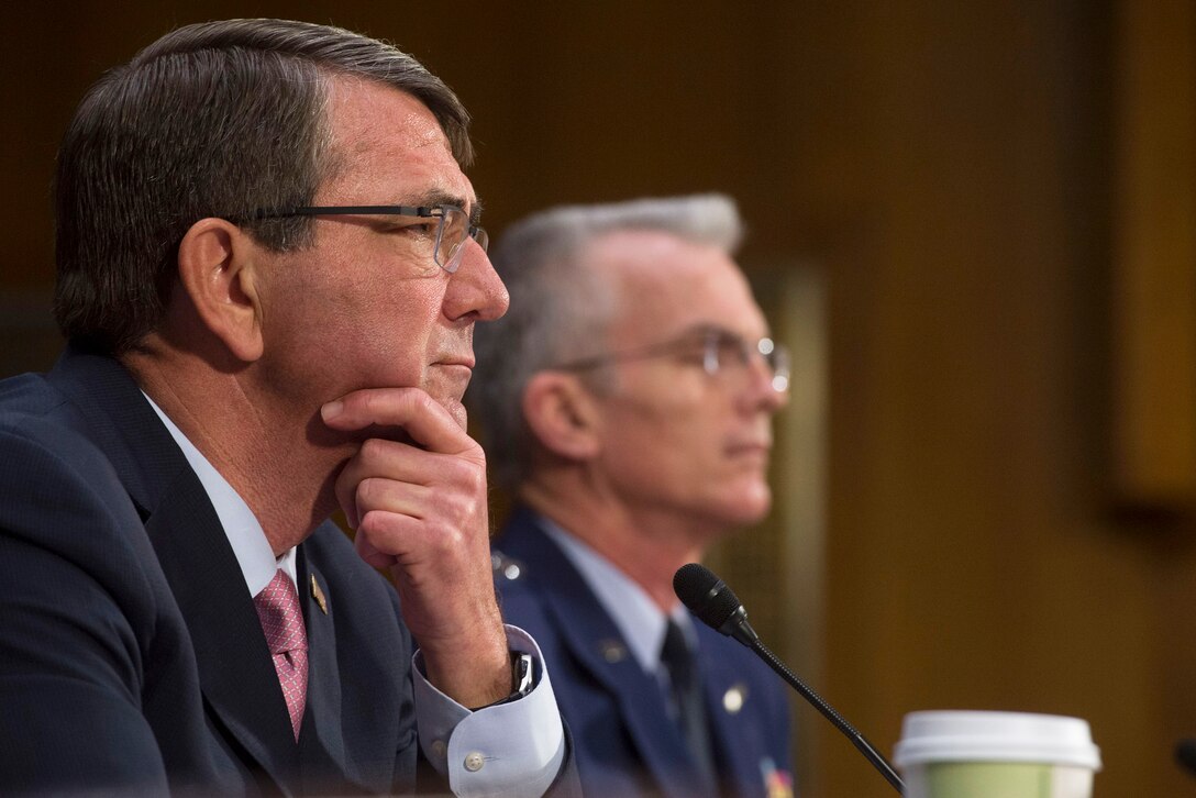 Defense Secretary Ash Carter, front, and Air Force Gen. Paul J. Selva, vice chairman of the Joint Chiefs of Staff, testify on the strategy to counter the Islamic State of Iraq and the Levant before the U.S. Senate Armed Services Committee in Washington, D.C., Dec. 9, 2015. DoD photo by U.S. Navy Petty Officer 1st Class Tim D. Godbee