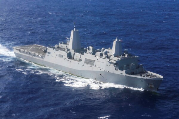 PACIFIC OCEAN  (Nov. 30, 2015) The USS Anchorage (LPD 23) sails toward Hawaii during its WESTPAC 15-1 deployment. The 15th Marine Expeditionary Unit is currently deployed in the Indo-Asia-Pacific region to promote regional stability and security in the U.S. 7th Fleet area of operations. (U.S. Marine Corps photo by Sgt. Jamean Berry/Released)