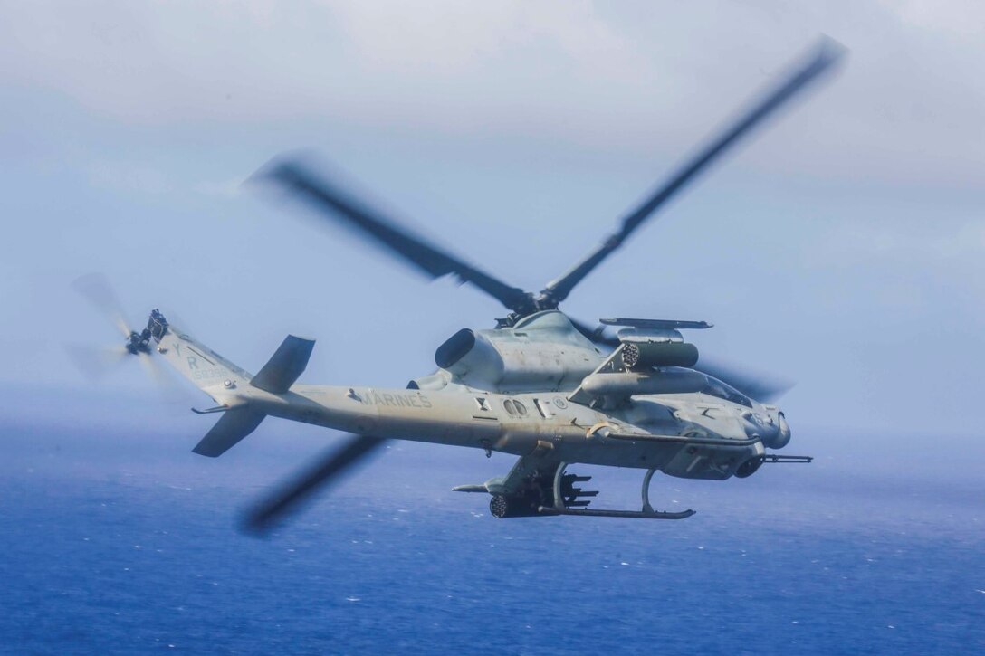 PACIFIC OCEAN (Nov. 30, 2015) An AH-1Z Viper with Marine Medium Tiltrotor Squadron 161, 15th Marine Expeditionary Unit, conducts aerial drills. The 15th MEU is currently deployed in the Indo-Asia-Pacific region to promote regional stability and security in the U.S. 7th Fleet area of operations. (U.S. Marine Corps photo by Sgt. Jamean Berry/Released)