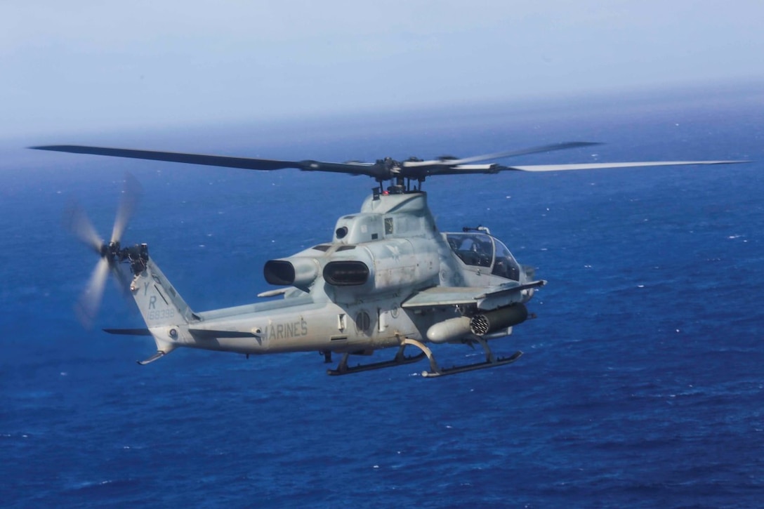 PACIFIC OCEAN (Nov. 30, 2015) An AH-1Z Viper with Marine Medium Tiltrotor Squadron 161, 15th Marine Expeditionary Unit, conducts aerial drills. The 15th MEU is currently deployed in the Indo-Asia-Pacific region to promote regional stability and security in the U.S. 7th Fleet area of operations. (U.S. Marine Corps photo by Sgt. Jamean Berry/Released)