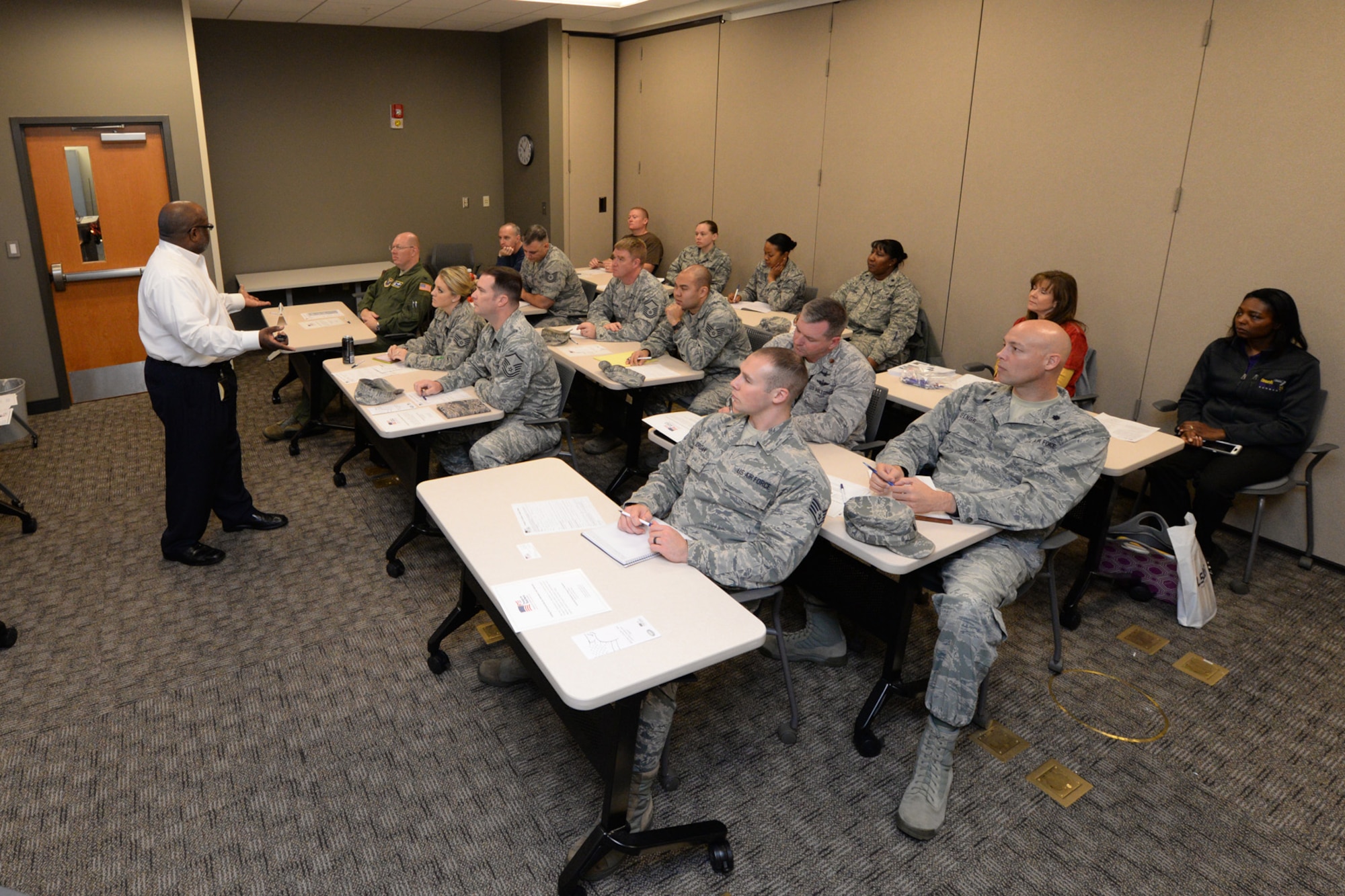 Barksdale Airmen attend a Troops to Teachers seminar at Barksdale Air Force Base, La., Dec, 9, 2015. Troops to Teachers is a Department of Defense program that helps eligible military personnel begin a new career as teachers in public schools where their skills, knowledge and experience are most needed. (U.S. Air Force photo/Senior Airman Jannelle Dickey)