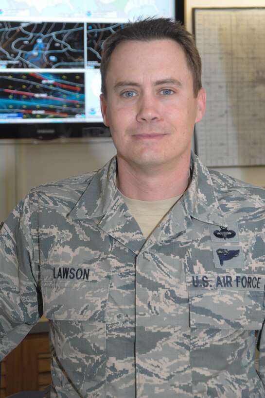 Master Sgt. Richard Lawson II, the 71st Operations Support Squadron chief of weather station support at Vance Air Force Base, stands in front of weather-monitoring equipment at Building 155. Lawson is the Air Education and Training Command’s Senior NCO of the year for Army Support. (U.S. Air Force photo / 2nd Lt. Hailey Schroeder)  