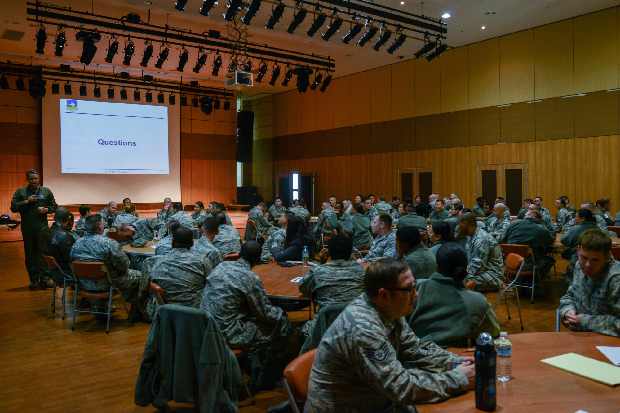 Airmen of Team Osan participate in small-group discussions for Resilient Airman Day Dec. 7, 2015, at the Songtan Community Center near Osan Air Base, Republic of Korea. Airmen participated in discussions on equal opportunity, the “Step Up, Step In” program and suicide prevention. (U.S. Air Force photo/Airman 1st Class Dillian Bamman)