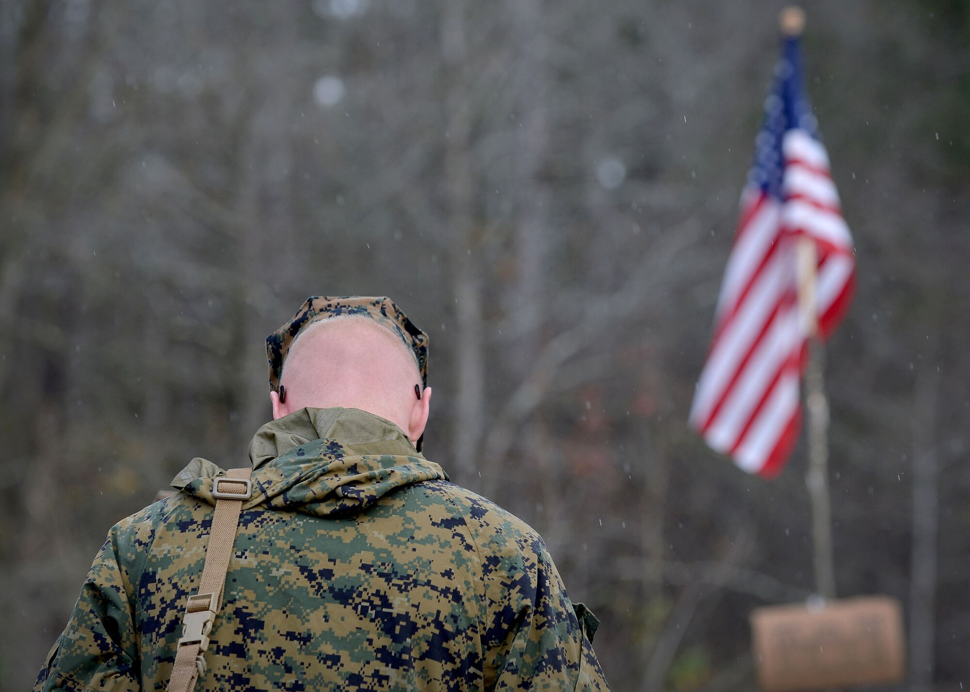 A U.S. Marine assigned to the 273rd Marine Wing Support Squadron stands watch over the camp ground at Poinsett Electronic Combat Range, Wedgefield, S.C., Dec. 7, 2015. The week-long exercise will test the combat capabilities of the 273rd MWSS through various operations such as crash and recovery efforts, vehicle convoys, and helicopter refueling. (U.S. Air Force photo by Senior Airman Michael Cossaboom)