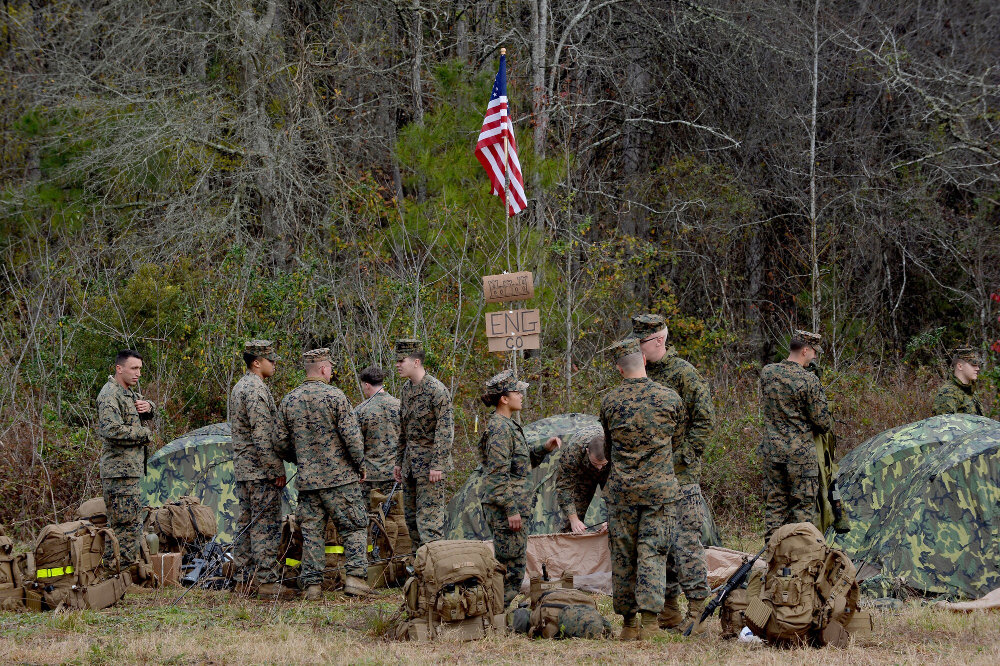 U.S. Marines assigned to the 273rd Marine Wing Support Squadron set up their sleeping tents to prepare for an exercise at Poinsett Electronic Combat Range, Wedgefield, S.C., Dec. 7, 2015. For the week long exercise, the Marines set up sleeping tents, communication systems, and a chow hall to simulate a deployed environment. (U.S. Air Force photo by Senior Airman Michael Cossaboom)