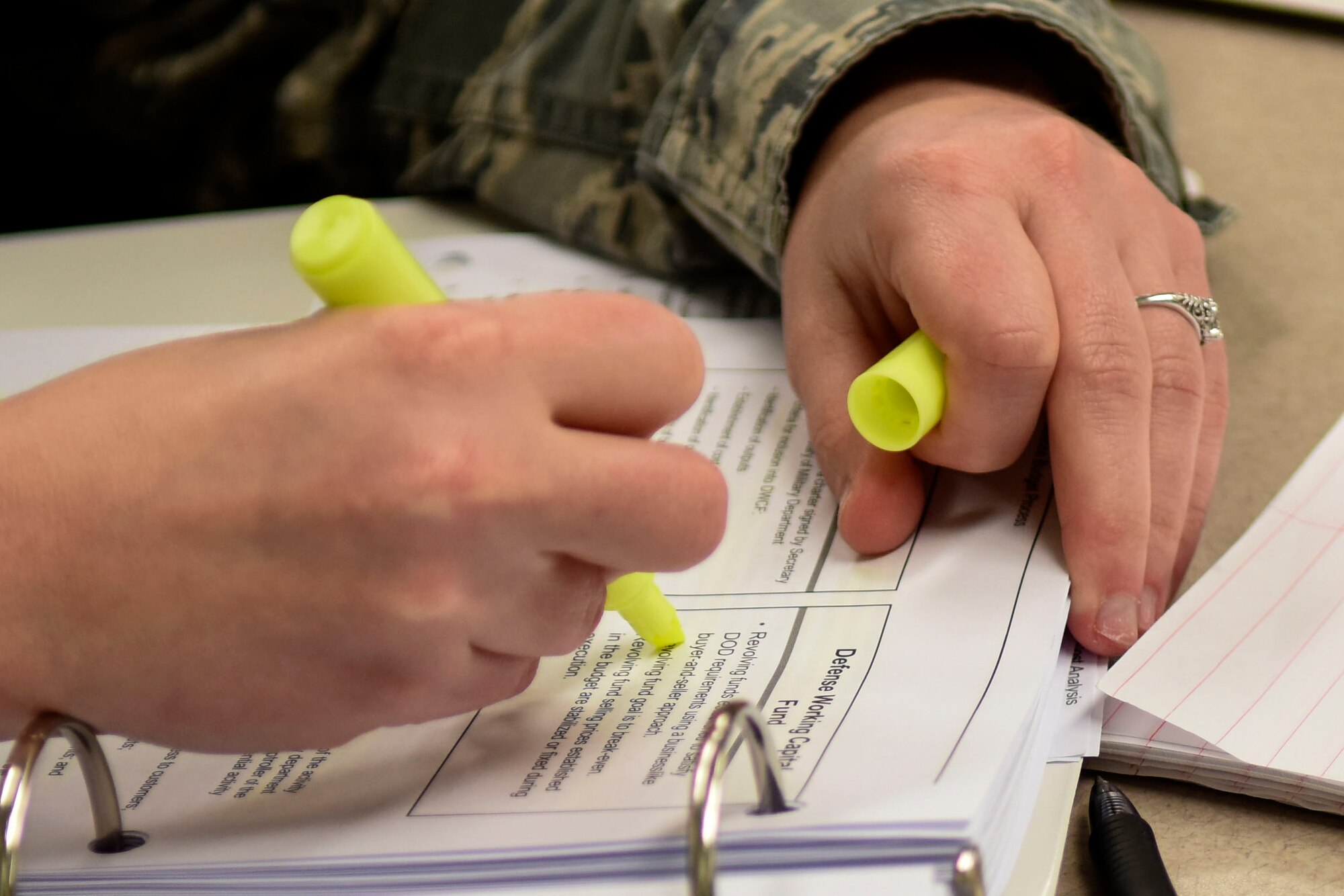 Tech. Sgt. Melissa Bocardo, 4th Medical Support Squadron flight chief of resource management, attends a Certified Defnese Financial Manger education program, Dec. 2, 2015, at Seymour Johnson Air Force Base, North Carolina. Airmen in the course learned a broader perspective on topics such as auditing, accounting, acquisitions, finance and certifying. (U.S. Air Force photo/Airman Shawna L. Keyes)
