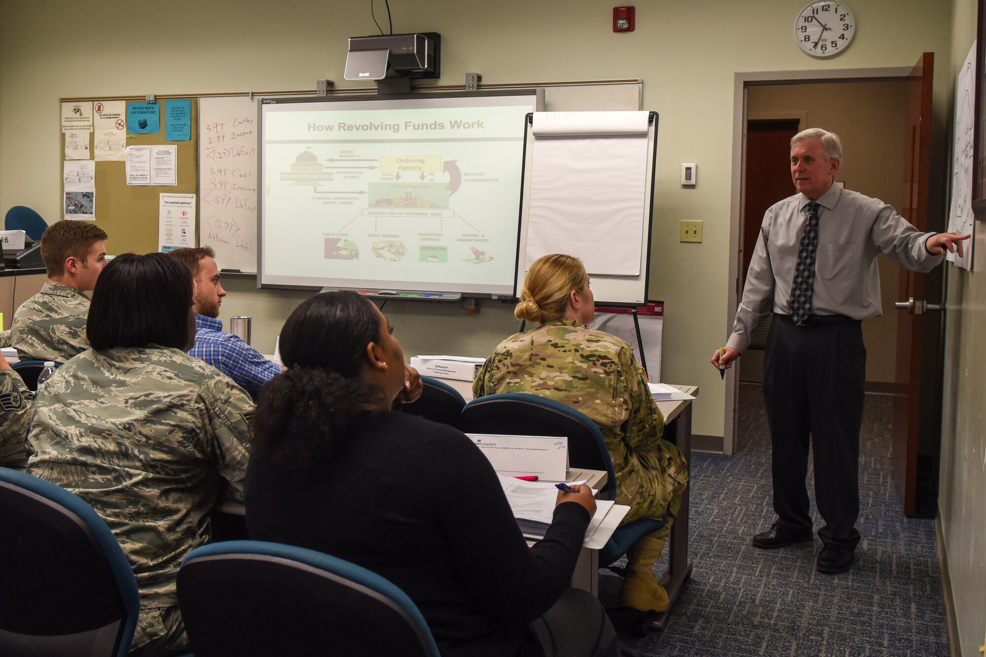 Herb Carter, American Society of Military Comptrollers management concepts financial management instructor, explains a concept from the Certified Defense Financial Manager education program, Dec. 2, 2015, at Seymour Johnson Air Force Base, North Carolina. The five-day, 40-hour course broadened Airmen’s know-how of finance from an Air Force perspective to a Department of Defense perspective. (U.S. Air Force photo/Airman Shawna L. Keyes)