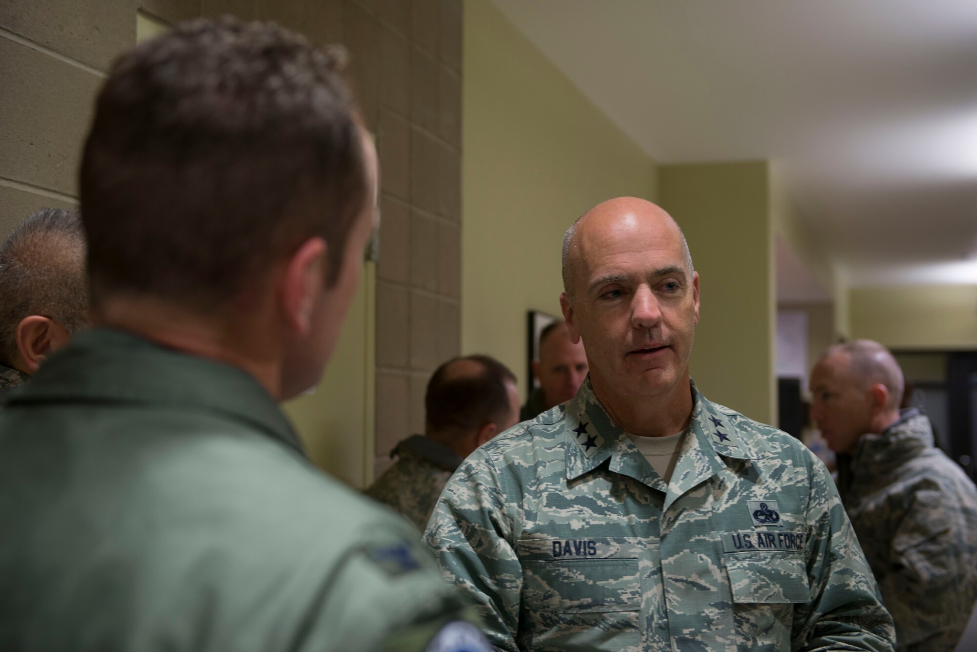 Maj. Gen. Glenn Davis, Air Force Life Cycle Management Center mobilization assistant to the commander, and Col. David Iverson, 366th Fighter Wing commander, say a few parting words at Mountain Home Air Force Base, Idaho, Dec. 3, 2015 before Davis takes off for Wright-Patterson Air Force Base. Davis came to meet with airmen and see first-hand the capabilities of Mountain Home’s Strike Eagles. (U.S. Air Force photo by Senior Airman Malissa Lott/RELEASED)