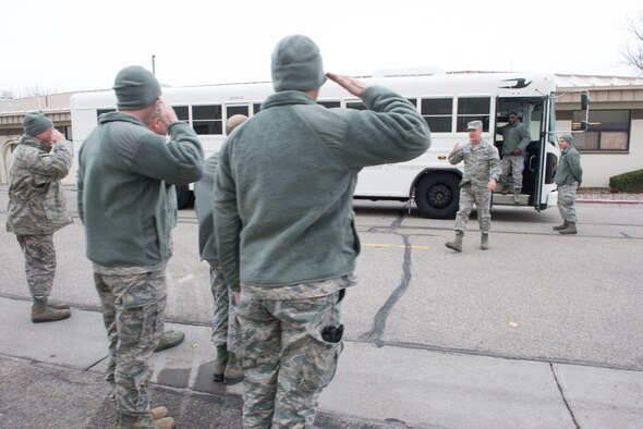 Maj. Gen. Glenn Davis, Air Force Life Cycle Management Center mobilization assistant to the commander, meets with members of the 389th Aircraft Maintenance Unit at Mountain Home Air Force Base, Idaho, Dec. 3, 2015. During his time here, Davis received an operations brief, toured the Aircraft Maintenance Squadron and visited airmen in their workcenters. (U.S. Air Force photo by Senior Airman Malissa Lott/RELEASED)
