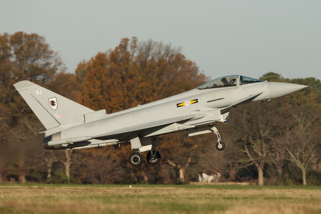 A British Royal Air Force (RAF) Typhoon takes off during the inaugural Trilateral Exercise at Langley Air Force Base, Va., Dec. 4, 2015. Approximately 180 personnel from the RAF participated in the exercise, along with 225 U.S. Air Force personnel and 150 French air force personnel. (U.S. Air Force photo by Airman 1st Class Derek Seifert)