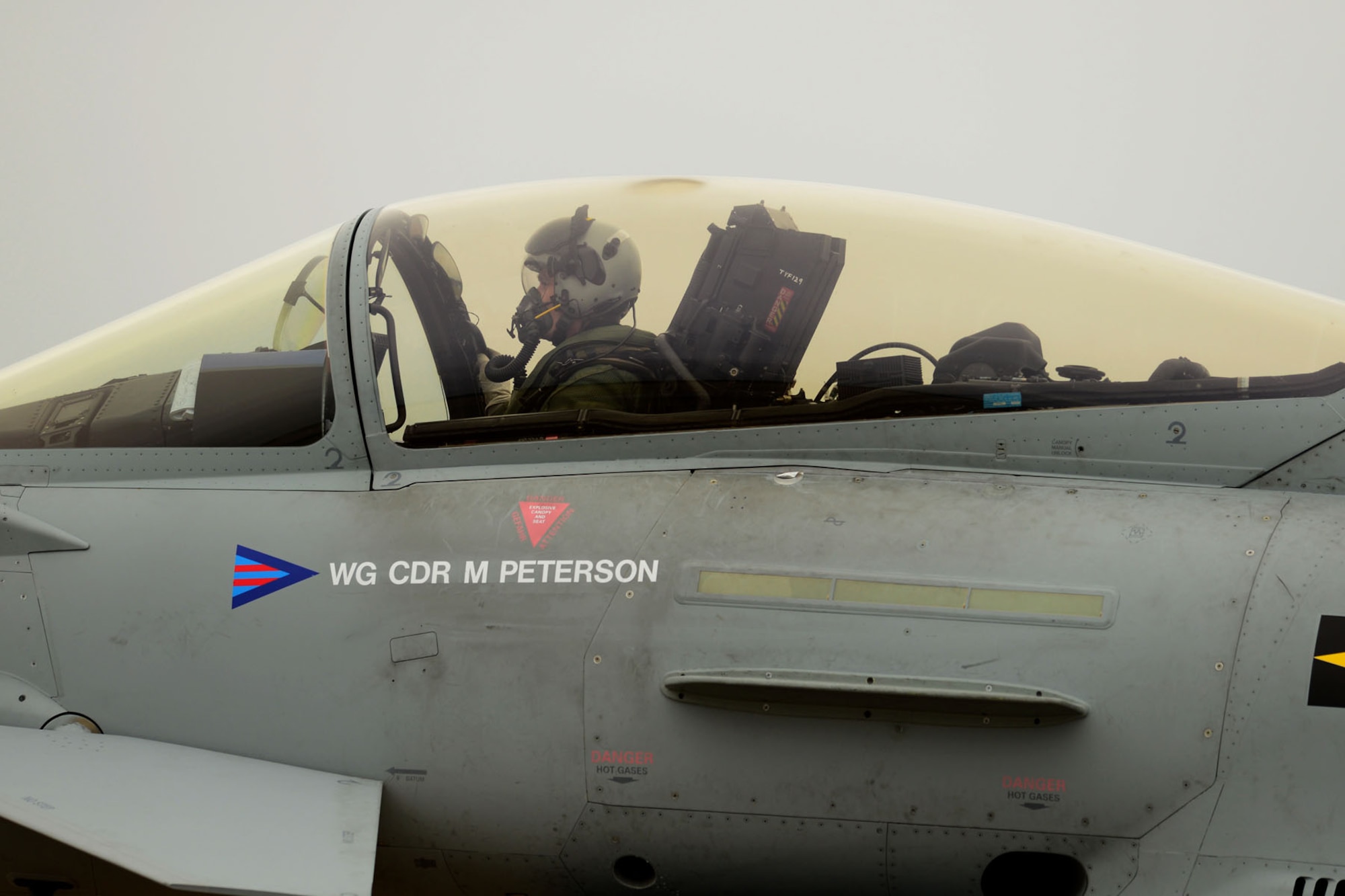 A British Royal Air Force (RAF) pilot taxis at Langley Air Force Base, Va., Dec. 3, 2015. The RAF and French air force are participating in the inaugural Trilateral Exercise hosted by the 1st Fighter Wing. (U.S. Air Force photo by Airman 1st Class Derek Seifert)