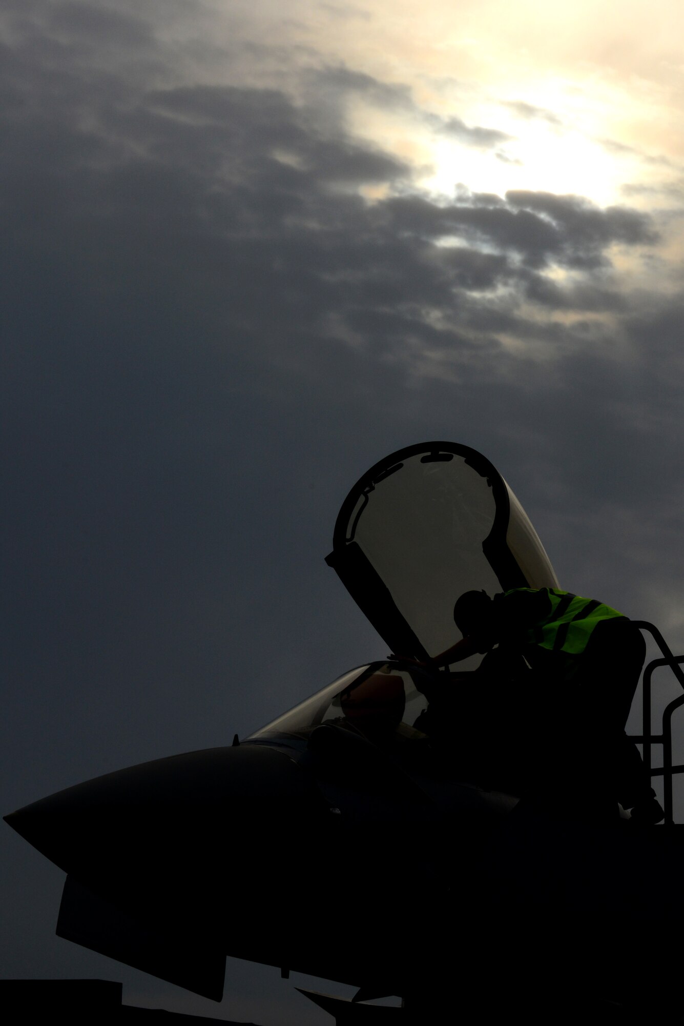 A member of the British Royal Air Force (RAF) inspects a Eurofighter Typhoon after landing at Langley Air Force Base, Va., Dec. 3, 2015. The RAF crew members inspected the Typhoon to ensure they were in working order for the Trilateral Exercise. (U.S. Air Force photo by Senior Airman Kimberly Nagle)