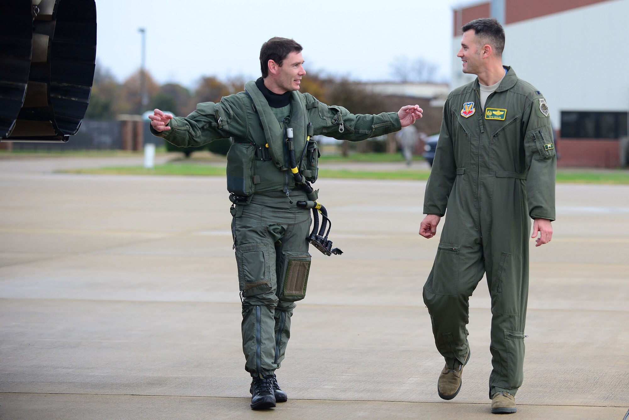 U.S. Air Force Col. Pete Fesler, the commander of the 1st Fighter Wing, tours the British Royal Air Force (RAF) Eurofighter Typhoon at Langley Air Force Base, Va., Dec. 3, 2015. During the tour of the aircraft, Fesler had the opportunity to sit in the cockpit, and ask the RAF pilot questions about the Typhoon. (U.S. Air Force photo by Senior Airman Kimberly Nagle)