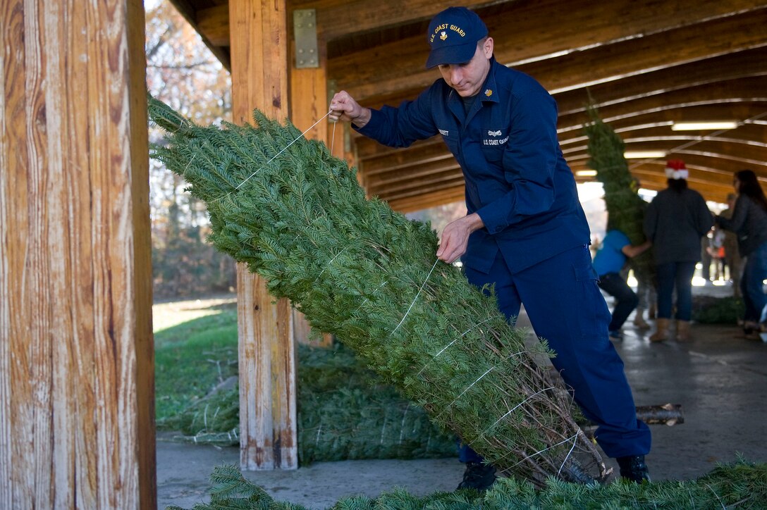 U.S. Coast Guard Petty Officer Brian Padgett, a machinery technician with the 305 Port Security Unit, chooses his Christmas tree during the Trees for Troops event at Fort Eustis, Va., Dec. 4, 2015. Joint Base Langley-Eustis hosted two Trees for Troops events ensuring Service members from each installation had the opportunity to participate in the program. (U.S. Air Force photo by Senior Airman Breonna Veal)