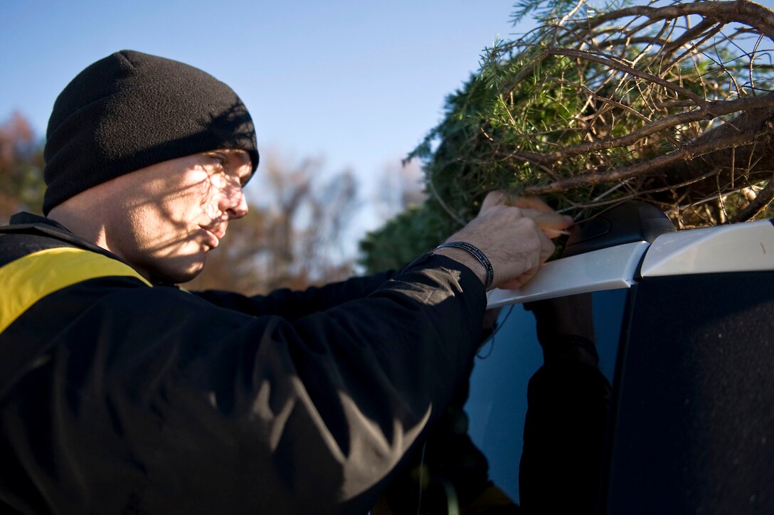 U.S. Army Staff Sgt. Daniel Lyle, a member of the Warrior Transition Unit, straps his tree onto his vehicle during the Trees for Troops event at Fort Eustis, Va., Dec. 4, 2015. The event was designed to show thanks to U.S. Service members by providing them with a free Christmas tree. (U.S. Air Force photo by Senior Airman Breonna Veal)
