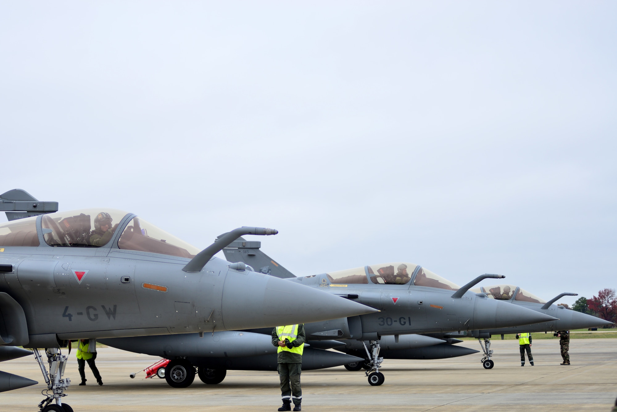 Members of the French air force arrive for the inaugural Trilateral Exercise, at Langley Air Force Base, Va., Dec. 1, 2015. The exercise is intended to enhance interoperability between the three partner nations through a variety of robust, simulated adversary scenarios. (U.S. Air Force photo by Senior Airman Aubrey White)
