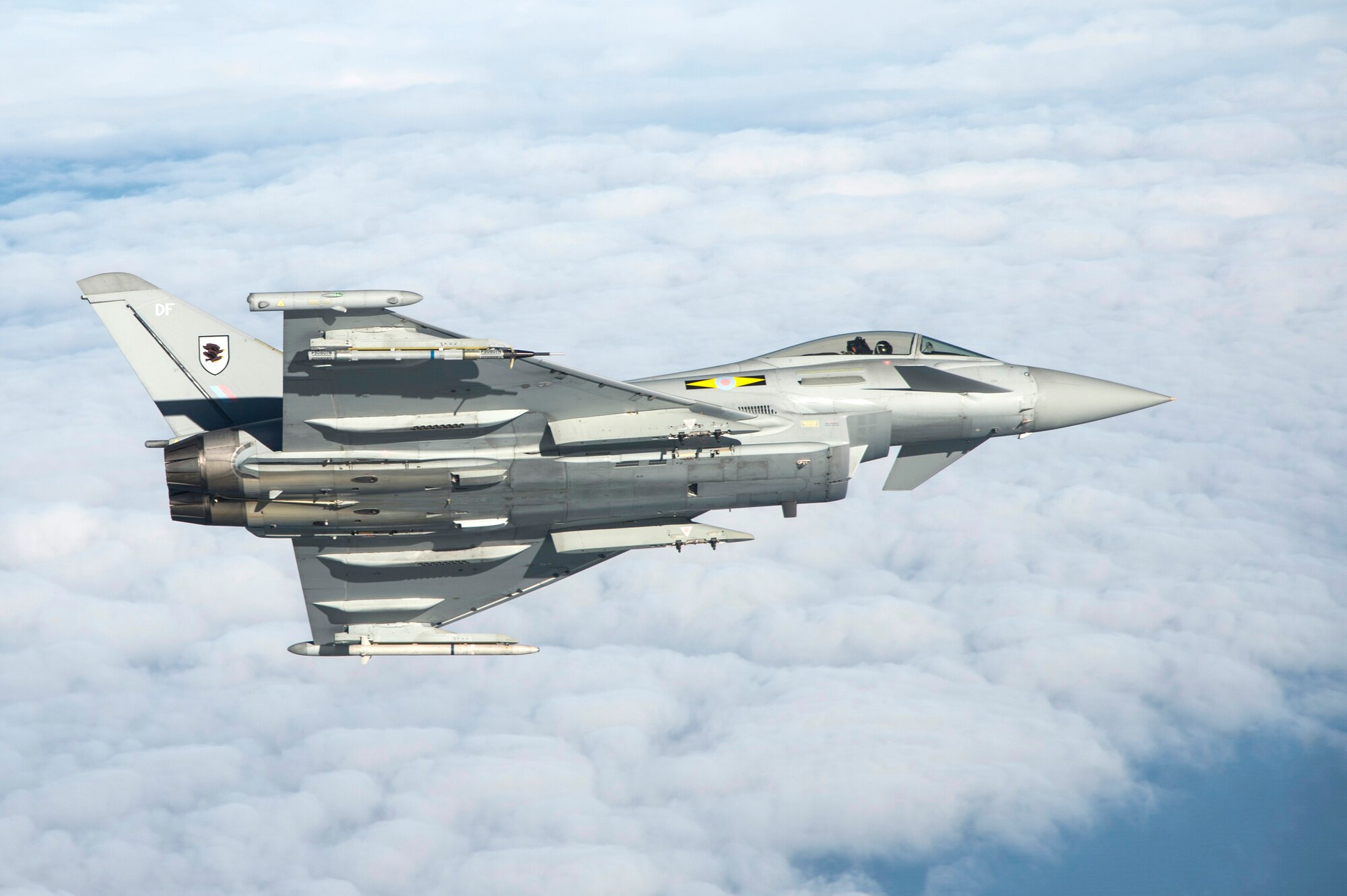 A British Royal Air Force Typhoon flies as part of the inaugural Trilateral Exercise held at Langley Air Force Base, Va., Dec. 7, 2015. The Typhoon provides the RAF with a highly capable agile multi-role combat aircraft, capable of being deployed in full air operations, such as air policing, peace support and high intensity conflict. (U.S. Air Force photo by Senior Airman Kayla Newman)