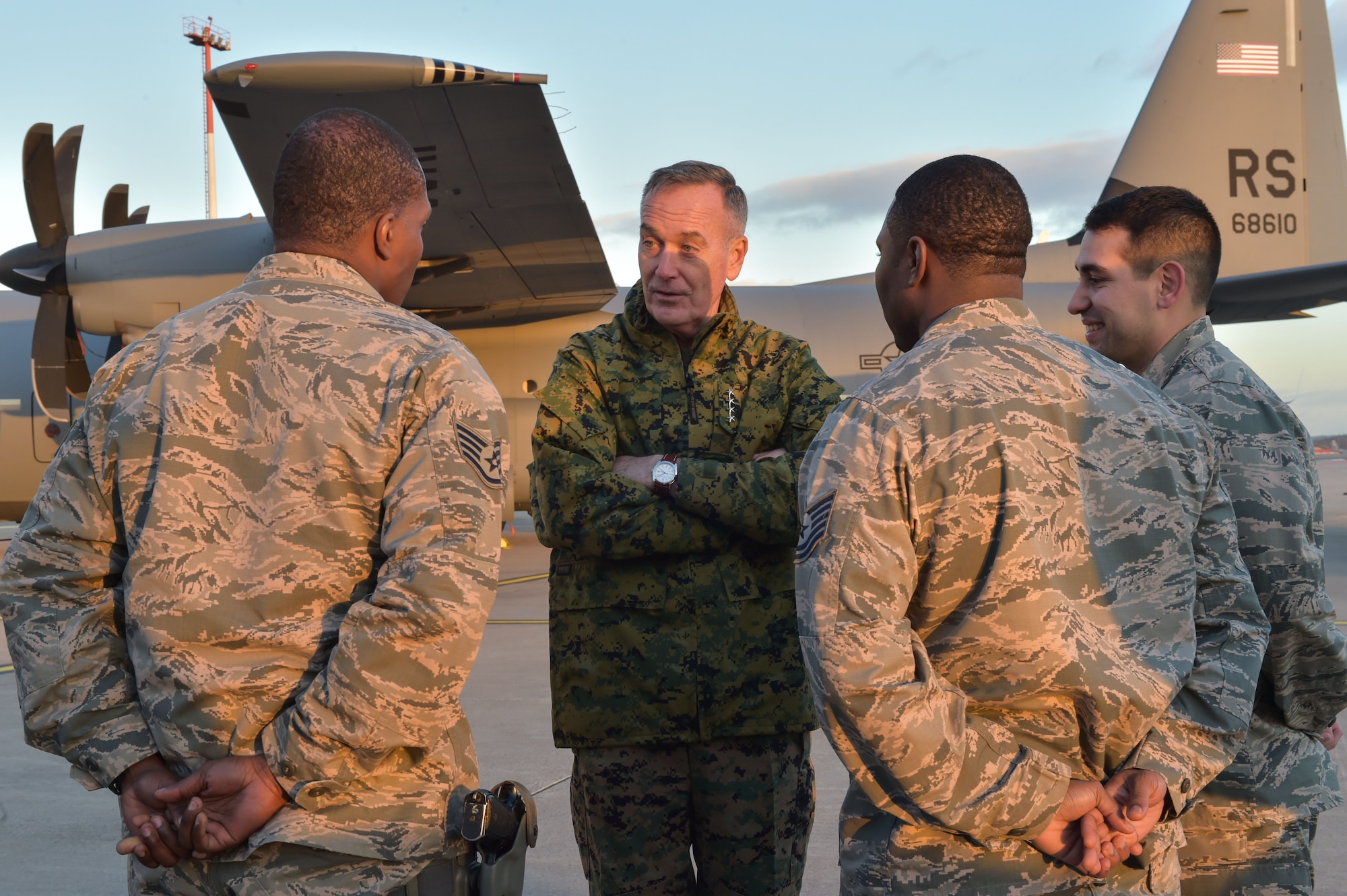 U.S. Marine Corps Gen. Joseph F. Dunford Jr., chairman of the Joint Chiefs of Staff, visits Airmen from the 435th Air Ground Operations Wing during the 2015 USO Holiday Troop Tour, Dec. 9, 2015, at Ramstein Air Base, Germany. Ramstein was the final stop on the tour, after places such as Bahrain, and Djibouti. (U.S. Air Force photo/Staff Sgt. Leslie Keopka)