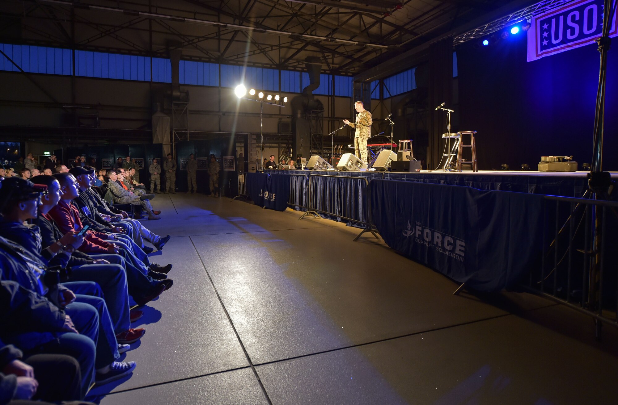 U.S. Marine Corps Gen. Joseph F. Dunford Jr., chairman of the Joint Chiefs of Staff, introduces the celebrities from the 2015 USO Holiday Troop Tour, Dec. 9, 2015, at Ramstein Air Base, Germany. Dunford accompanied the special guest during the USO’s annual troop tour that includes several stops to visit service members overseas. (U.S. Air Force photo/Staff Sgt. Leslie Keopka)