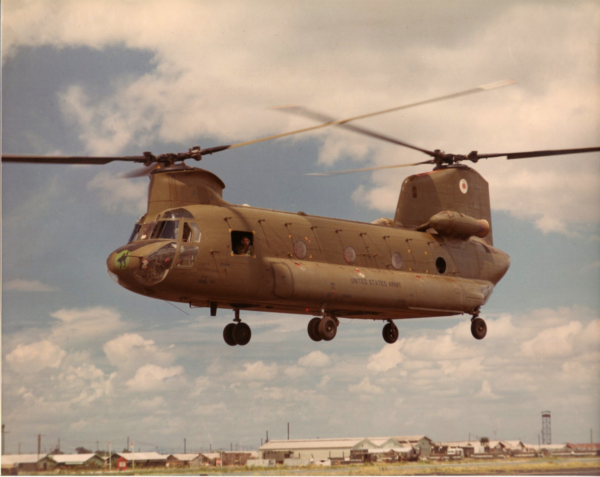 A Boeing Vertol CH-47C Chinook helicopter of the U.S. Army’s Phu Loi-based 213th Assault Support Helicopter Company (ASHC), the “Black Cats” of the 114th Aviation Battalion, 1st Aviation Brigade, which was Spec/4 Rod Smith’s first unit in Vietnam .  When the 213th ASHC was disbanded in Vietnam in 1972, Smith was transferred to another unit which supported both UH-1 “Hueys” and Chinooks, the 120th Aviation Company, “The Deans” of the 145th Aviation Battalion, 1st Aviation Brigade, at Long Bien.  (Courtesy Rod Smith)