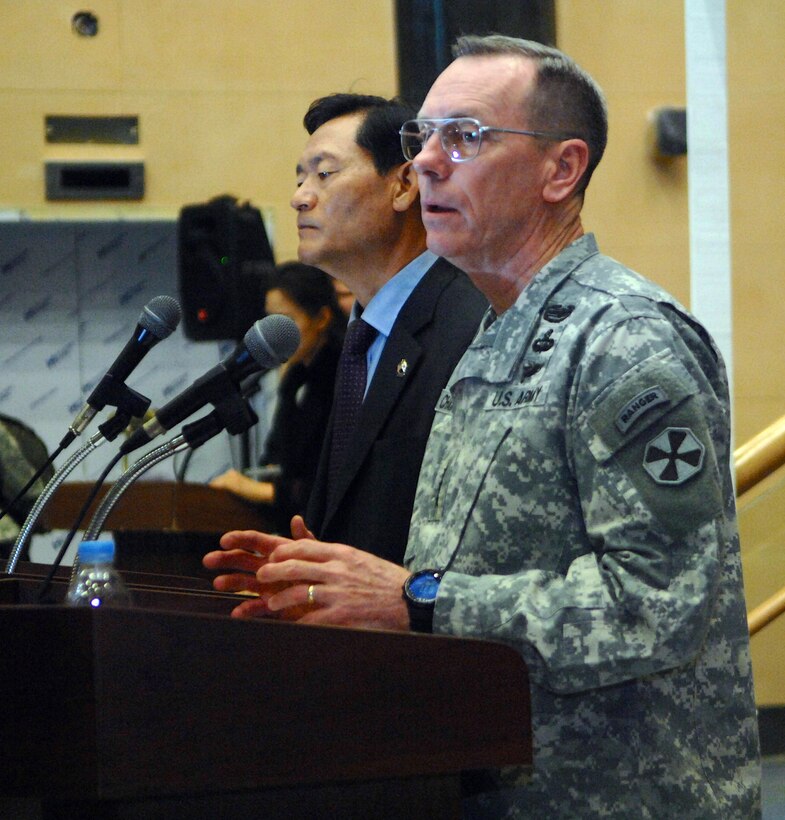 Lt. Gen. Bernard S. Champoux, United Nations Command, Combined Forces Command, United States Forces Korea chief of staff and commander Eighth U.S. Army, held a bilateral press conference with Director General Kim Kie Soo, Director General of the Korean Ministry of Defense USFK Relocation Office, at the new Eighth Army Headquarters Building on United States Army Garrison Humphreys Dec. 10. The ROK – U.S. leaders provided updates to local and international members of the press on advancements in Alliance transformation and the relocation of U.S. Forces to military installation near the city of Pyeongtaek and other locations within the ROK (U.S. Army photo by Pfc. Chung, Da Un, USAG Humphreys Public Affairs