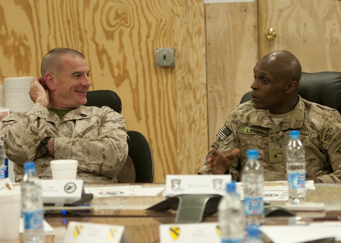 U.S. Marine Corps Sgt. Maj. Bryan Battaglia, left, senior enlisted adviser to the chairman of the Joint Chiefs of Staff, shares a light moment with U.S. Army Brig. Gen. Ronald Lewis, right, the 101st Airborne Division's deputy commanding general for support, in a conference room on Forward Operting Base Gamberi, May 4, 2013. During his visit, Battaglia spoke with service members and met with senior leaders. U.S. Army photo by Staff Sgt. Richard Andrade