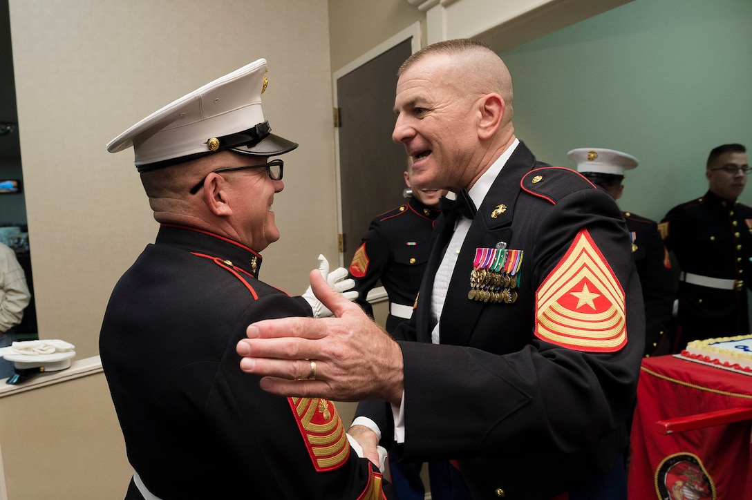 Marine Corps Sgt. Maj. Bryan Battaglia, senior enlisted advisor to the chairman of the Joint Chiefs of Staff, attends a Marine Corps birthday ball hosted by Marine Corps Detachment Fort Leonard Wood in Osage Township, Mo., Nov. 7, 2015. Sgt. Maj. Battaglia delivered keynote remarks during the event. DoD Photo by Army Staff Sgt. Sean K. Harp