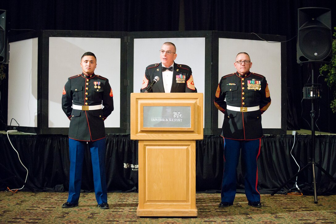Marine Corps Sgt. Maj. Bryan Battaglia, senior enlisted advisor to the chairman of the Joint Chiefs of Staff, delivers the keynote speech at a Marine Corps birthday ball hosted by Marine Corps Detachment Fort Leonard Wood, in Osage Township, Mo., Nov. 7, 2015. DoD Photo by Army Staff Sgt. Sean K. Harp
   