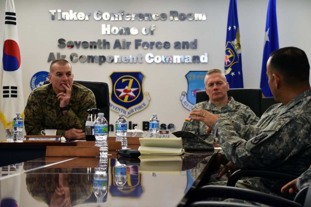Marine Corps Sgt. Maj. Brian Battaglia, left, senior enlisted adviser to the chairman of the Joint Chiefs of Staff, speaks with Command Sgt. Maj. Jose Villarreal, 35th Air Defense Artillery Brigade, about air defense during a visit to the 7th Air Force on Osan Air Base, Feb. 6, 2015. 