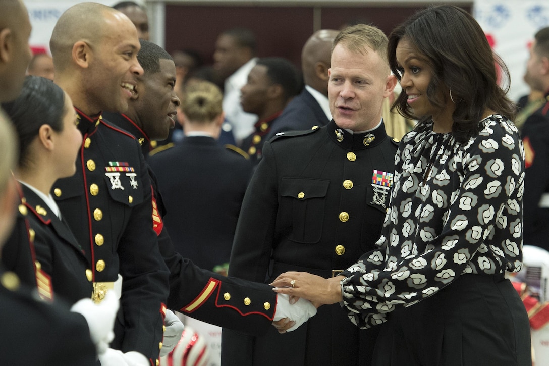 First Lady Michelle Obama thanks Marines for their efforts supporting a Toys for Tots event on Joint Base Anacosta-Bolling in Washington, D.C., Dec. 9, 2015. DoD photo by EJ Hersom