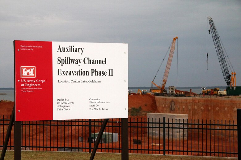 The Tulsa District U.S. Army Corps of Engineers continues work on the auxiliary spillway construction at the multiphase Canton Dam Safety Assurance Project, Oct. 22, 2015 at Canton Lake, Canton Oklahoma.  The project is the second largest civil works project ever undertaken by the district and is projected to be completed in summer 2016. (Photo by Preston Chasteen/Released)