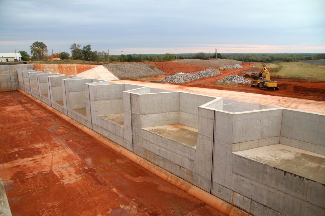 The Tulsa District U.S. Army Corps of Engineers installed nine fuse gates during the course of the Canton Dam Safety Assurance Project, Oct. 22, 2015 at Canton Lake, Canton Oklahoma.  The multiphase project is the second largest civil works project ever undertaken by the district and is projected to be completed in summer 2016. (Photo by Preston Chasteen/Released)