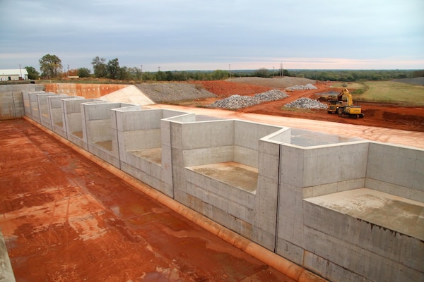 The Tulsa District U.S. Army Corps of Engineers installed nine fuse gates during the course of the Canton Dam Safety Assurance Project, Oct. 22, 2015 at Canton Lake, Canton Oklahoma.  The multiphase project is the second largest civil works project ever undertaken by the district and is projected to be completed in summer 2016. (Photo by Preston Chasteen/Released)