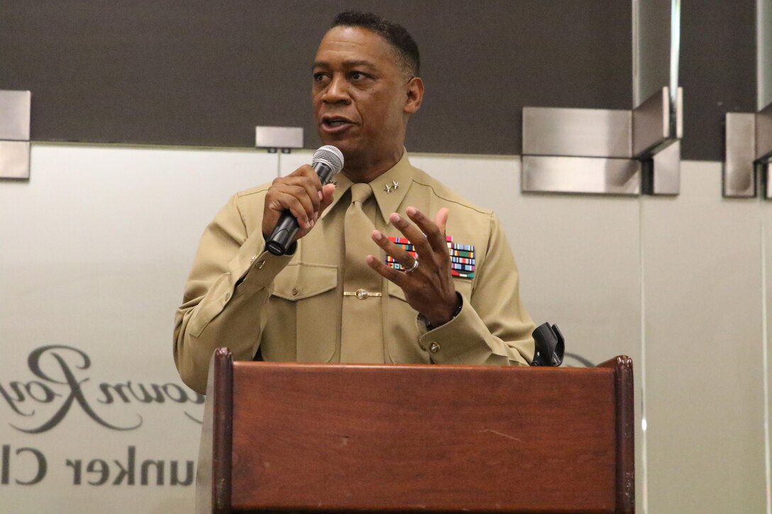 Major General Craig C. Crenshaw, Marine Corps Logistics Command commanding general, delivers his remarks during the Bayou Classic Welcome Reception in the Mercedes-Benz Superdome on Nov. 27, 2015. (U.S. Marine Corps photo by Sgt. Rubin J. Tan/Released)