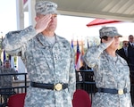 Army Vice Chief of Staff Gen. Daniel B. Allyn (left) and outgoing Army Surgeon General and Commanding General of the U.S. Army Medical Command Lt. Gen. Patricia D. Horoho salute during her relinquishment of command ceremony at MacArthur Parade Field on Fort Sam Houston Dec. 3.
