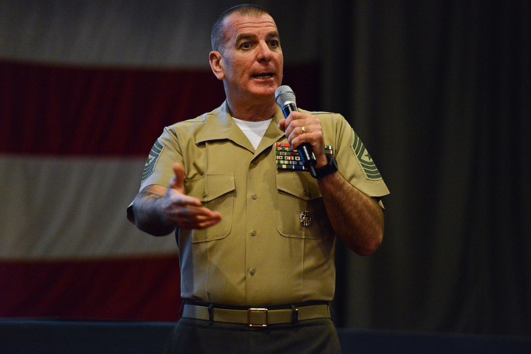 Marine Corps Sgt. Maj. Bryan B. Battaglia, senior enlisted advisor to the chairman of the Joint Chiefs of Staff, speaks to sailors and Marines on Naval Support Activity Annapolis, Md., March 22, 2013. Battaglia discussed base personnel support operations and training for the midshipmen of the U.S. Naval Academy. DoD  photo by Claudette Roulo