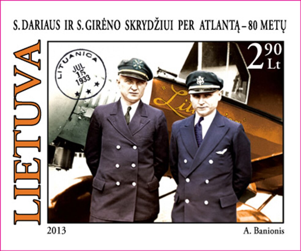 The stamp design, created by Lt. Col. (Dr.) Arunas Banionis, a 446th Aerospace Medicine Squadron flight surgeon, placed first in the Lithuanian Post Postage Stamps Design Contest in May. The design was inspired by an old photo of Steponas Darius and Stasys Girenas, two Lithuanian pilots who gained U.S. citizenship during the early 20th Century. The design was created to mark the 80th Anniversary of the Flight of Darius and Girenas, the first transatlantic flight flown by Lithuanian-born pilots.
