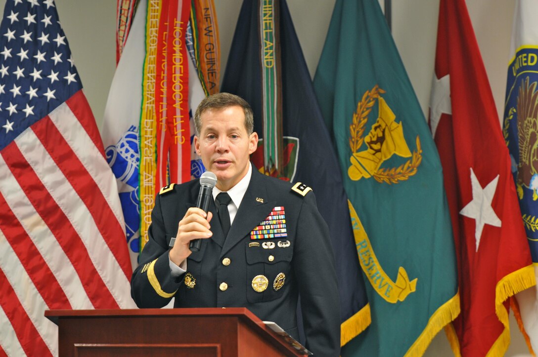 Lt. Gen. Jeffrey Talley, chief of Army Reserve and commanding general, U.S. Army Reserve Command, speaks to Army Reserve ambassadors during the Army Reserve National Ambassador's Training Forum, Dec. 7 in Camp Parks, Dublin, Calif.