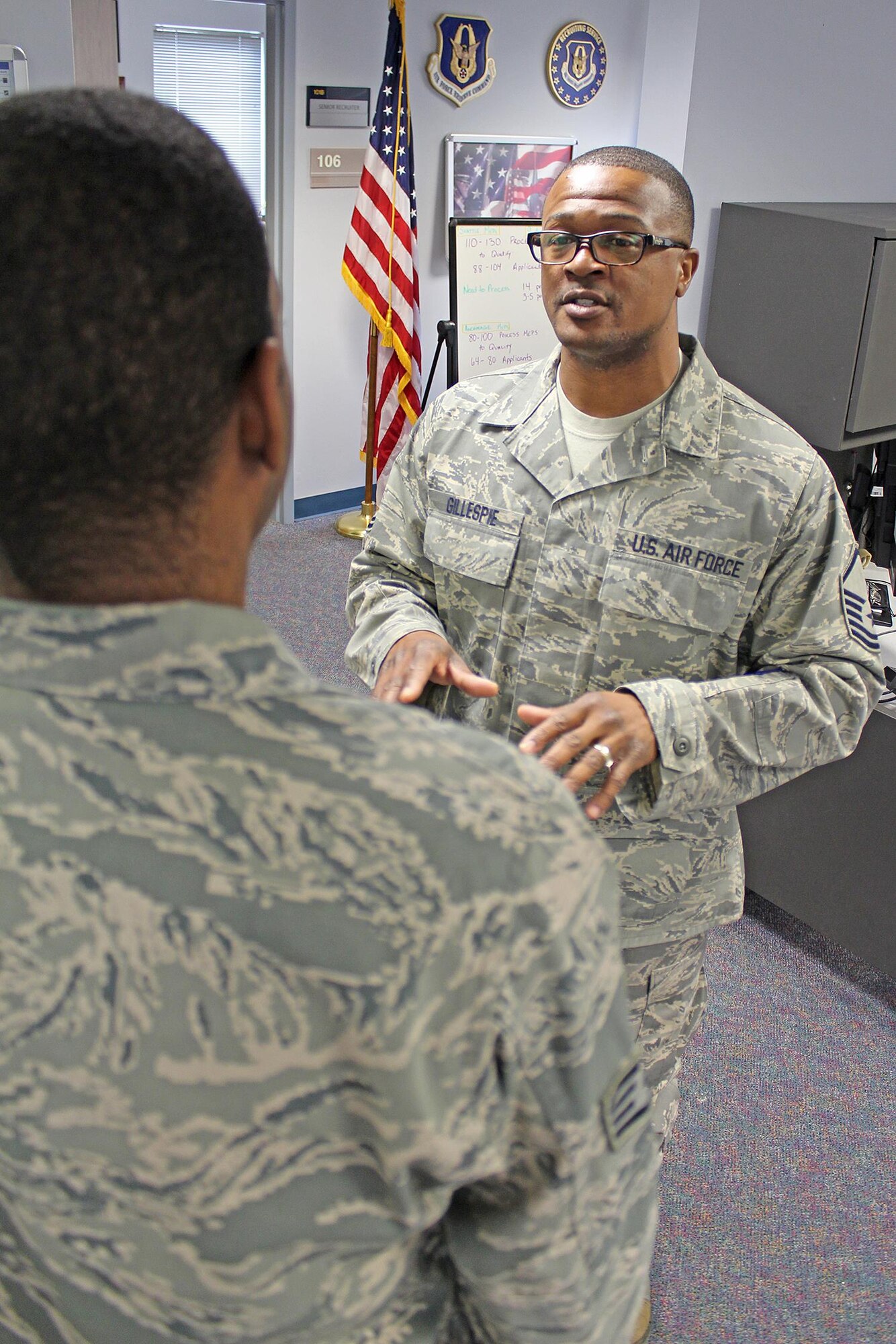 Master Sgt. Charles Gillespie, a member of the 446th Airlift Wing's recruiting team, is the lone Reserve recruiter at Fairchild Air Force Base, Wash. Gillespie is an in-service recruiter, offering Reserve opportunties to Airmen leaving the active-duty Air Force.