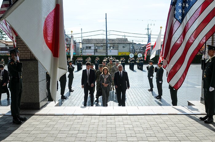 United States Ambassador to Japan Caroline Kennedy arrives with Japan Minister of Defense Gen Nakatani (right) at the Japan Ground Self-Defense Force Middle Army Headquarters on Camp Itami, Japan, Dec. 9. Kennedy visited with U.S. and Japan Self-Defense Force service members to observe Yama Sakura 69 operations. Yama Sakura is a two-week training event and the largest bilateral command post exercise for the two nations, with more than 6,500 service members participating. 
