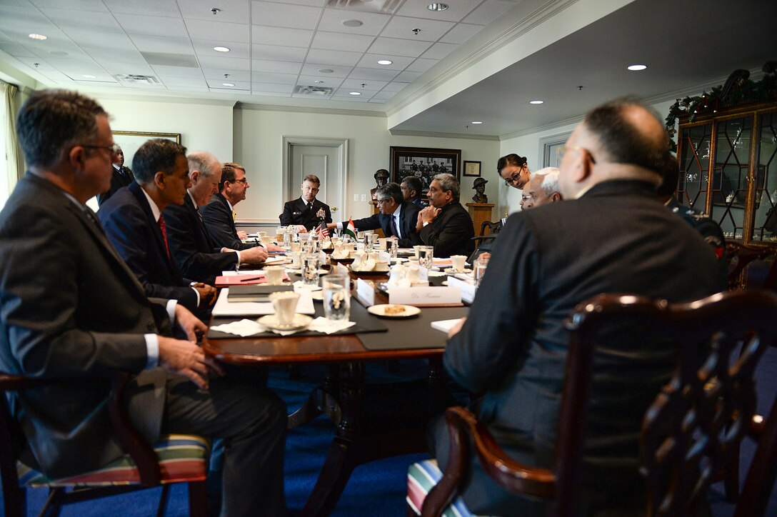 U.S. Defense Secretary Ash Carter, left, and Indian Defense Minister Manohar Parrikar meet to discuss matters of mutual importance at the Pentagon, Dec. 10, 2015. DoD photo by Army Sgt. First Class Clydell Kinchen