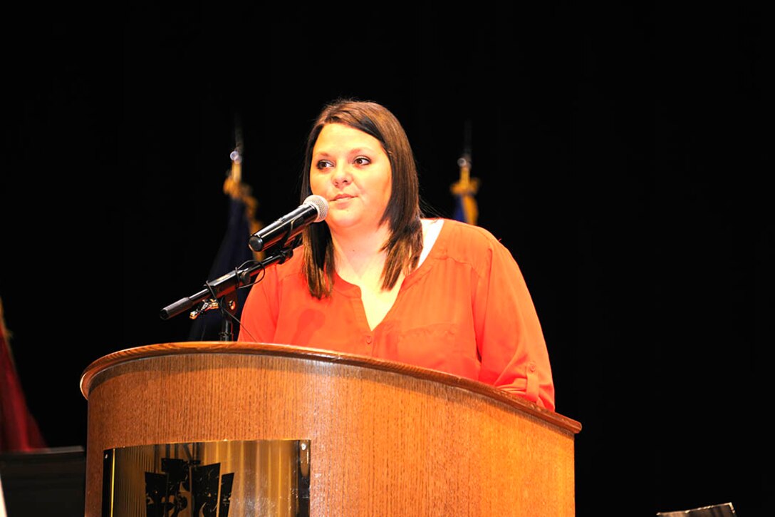 Keynote speaker Tiffany Eckert talks about how she met her husband who died in Iraq serving in the Army Reserve. 