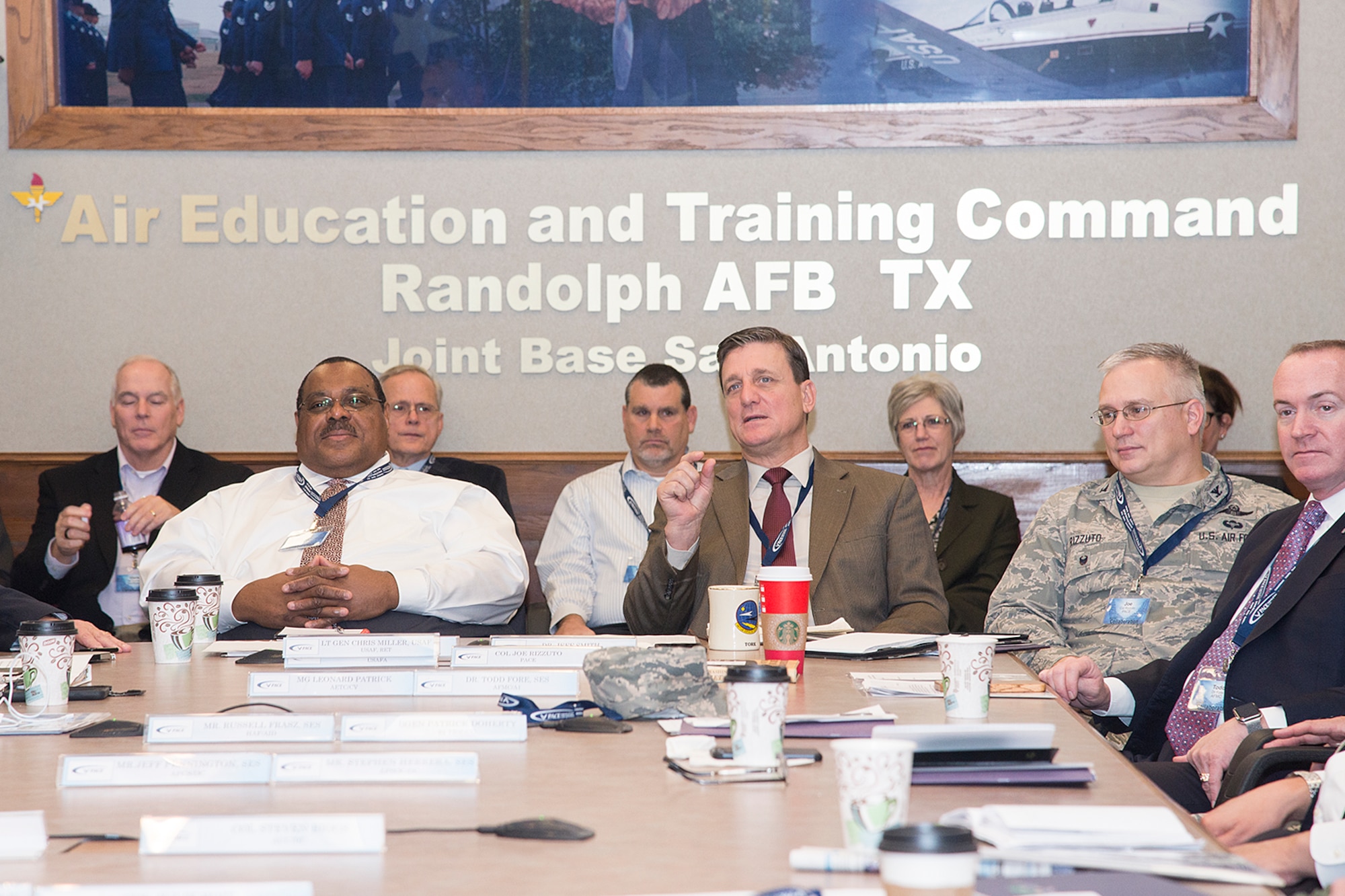Air Force senior leaders from across the Air Force met at Joint Base San Antonio-Randolph, Texas, Dec. 2-3 to discuss the future of professionalism in our force.  Jeffery R. Shelton (left center), a member of the Senior Executive Service and the Deputy Administrative Assistant to the Secretary of the Air Force, and Dr. Jeffrey J. Smith (right center), Senior Executive Advisor for the Profession of Arms Center of Excellence, lead discussion on how the Air Force can work across its ranks to build better people, better Airmen, and better leaders. (U.S. Air Force photo by Master Sgt. Sean Worrell)

