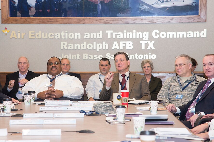 Air Force senior leaders from across the Air Force met at Joint Base San Antonio-Randolph, Texas, Dec. 2-3 to discuss the future of professionalism in our force.  Jeffery R. Shelton (left center), a member of the Senior Executive Service and the Deputy Administrative Assistant to the Secretary of the Air Force, and Dr. Jeffrey J. Smith (right center), Senior Executive Advisor for the Profession of Arms Center of Excellence, lead discussion on how the Air Force can work across its ranks to build better people, better Airmen, and better leaders. (U.S. Air Force photo by Master Sgt. Sean Worrell)
